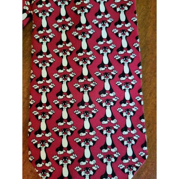 Vintage Warner Brothers Sylvester The Cat 100% Silk Tie Red Korea - Picture 2 of 4
